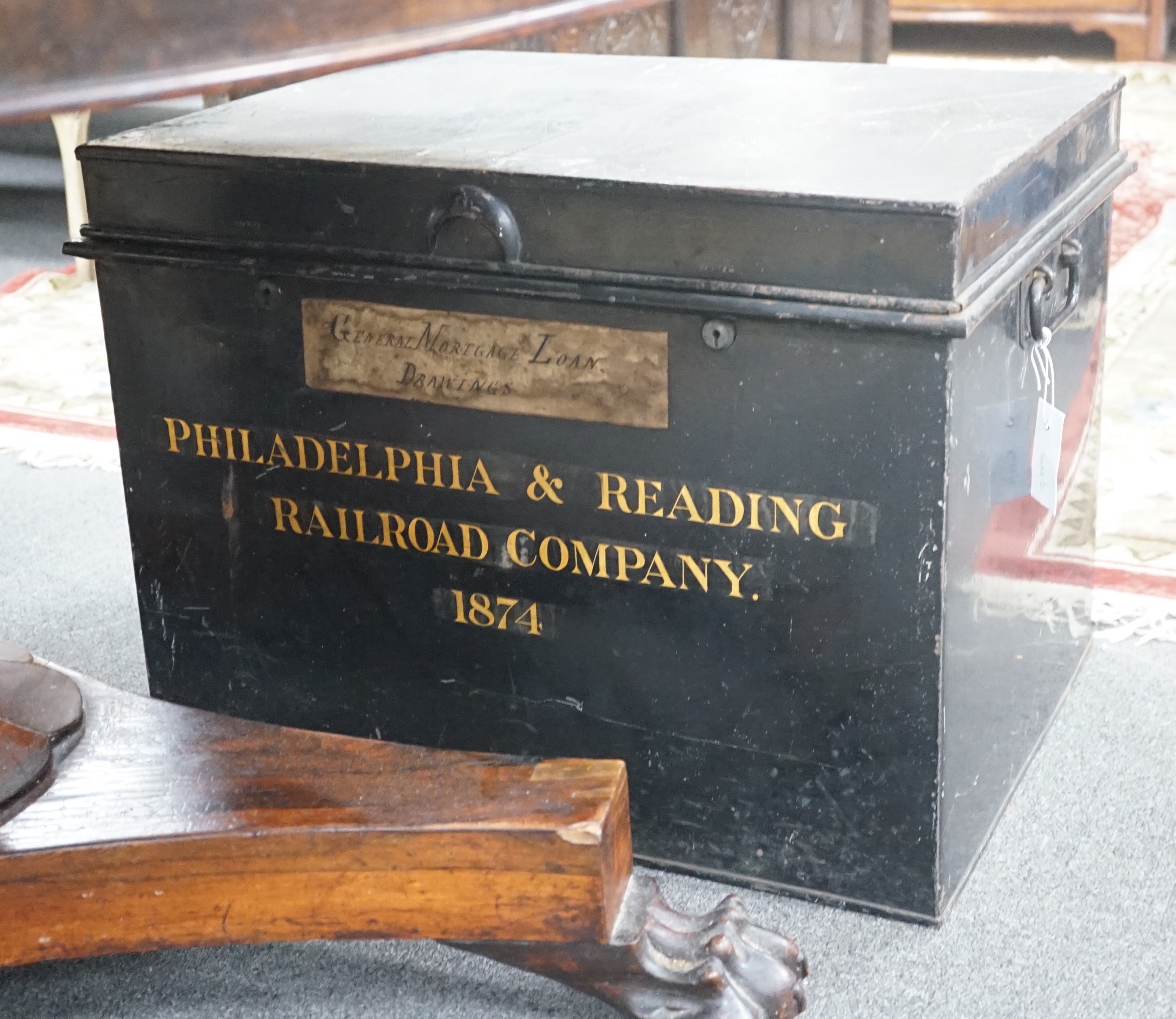 Philadelphia and Reading Railroad Company 1874. A 19th century tin document trunk, width 61cm depth 46cm height 47cm